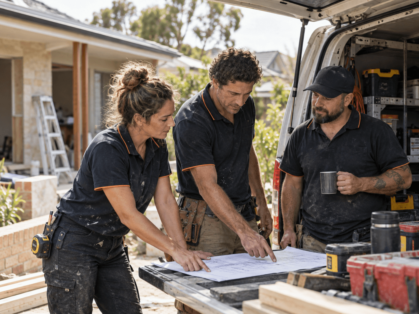 Three tradespeople reviewing renovation plans beside their work van